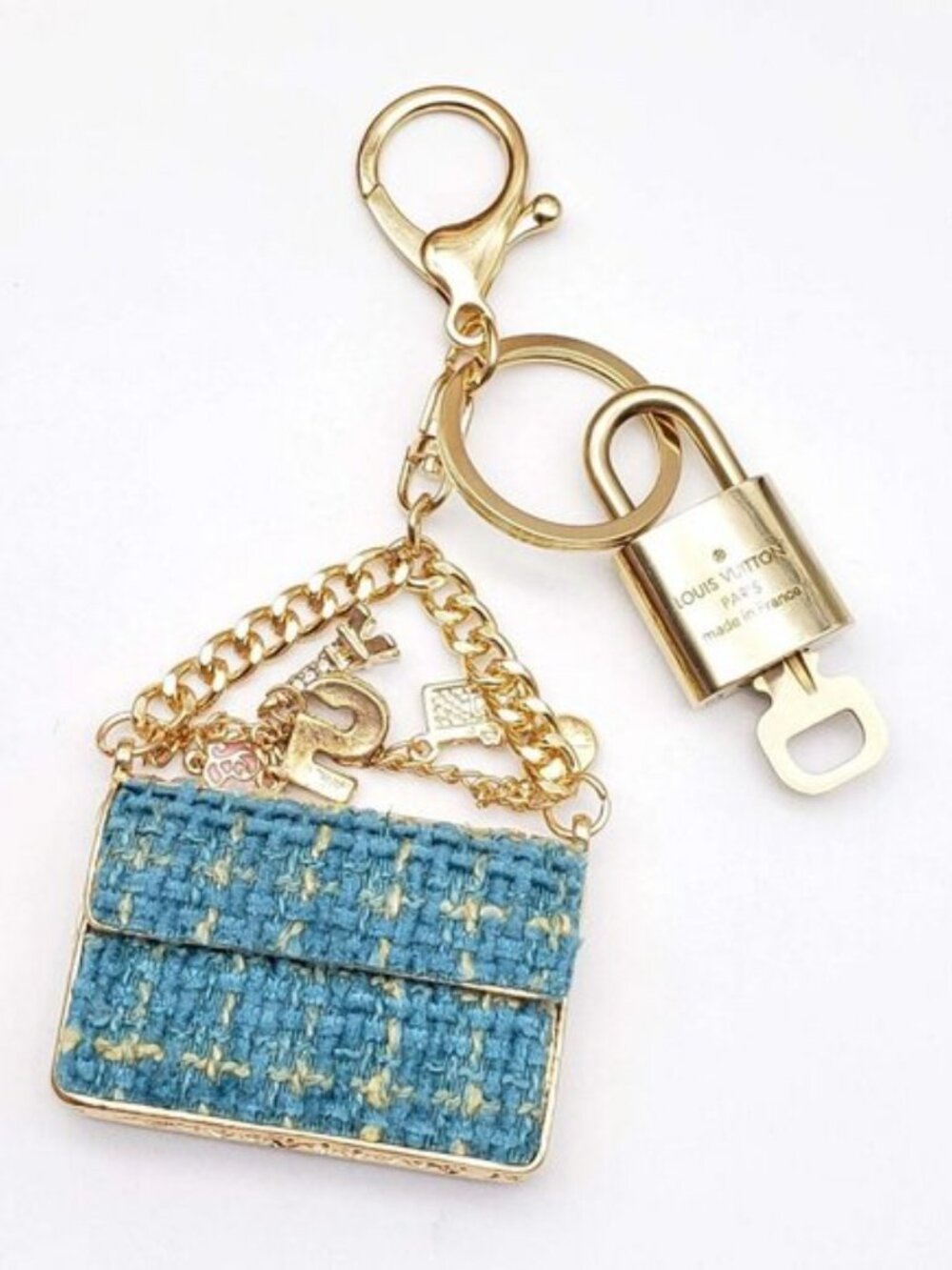 Authentic Louis Vuitton Padlock & Key Gold ✨Unbranded Tweed Bag Charm Keychain - Picture 5 of 6